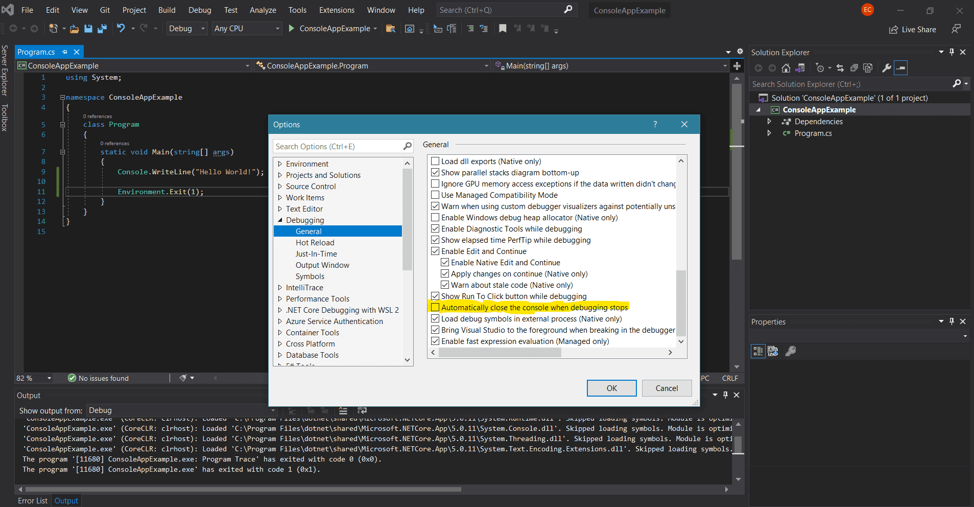 c# console.readkey example showing automatically close a console app in visual studio 2019