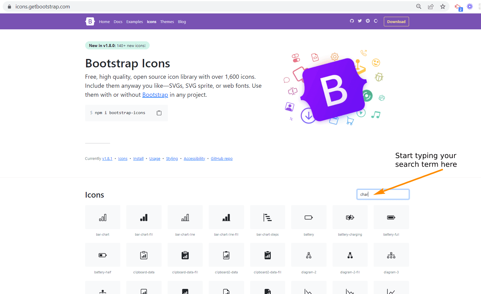 Search the react bootstrap icons library